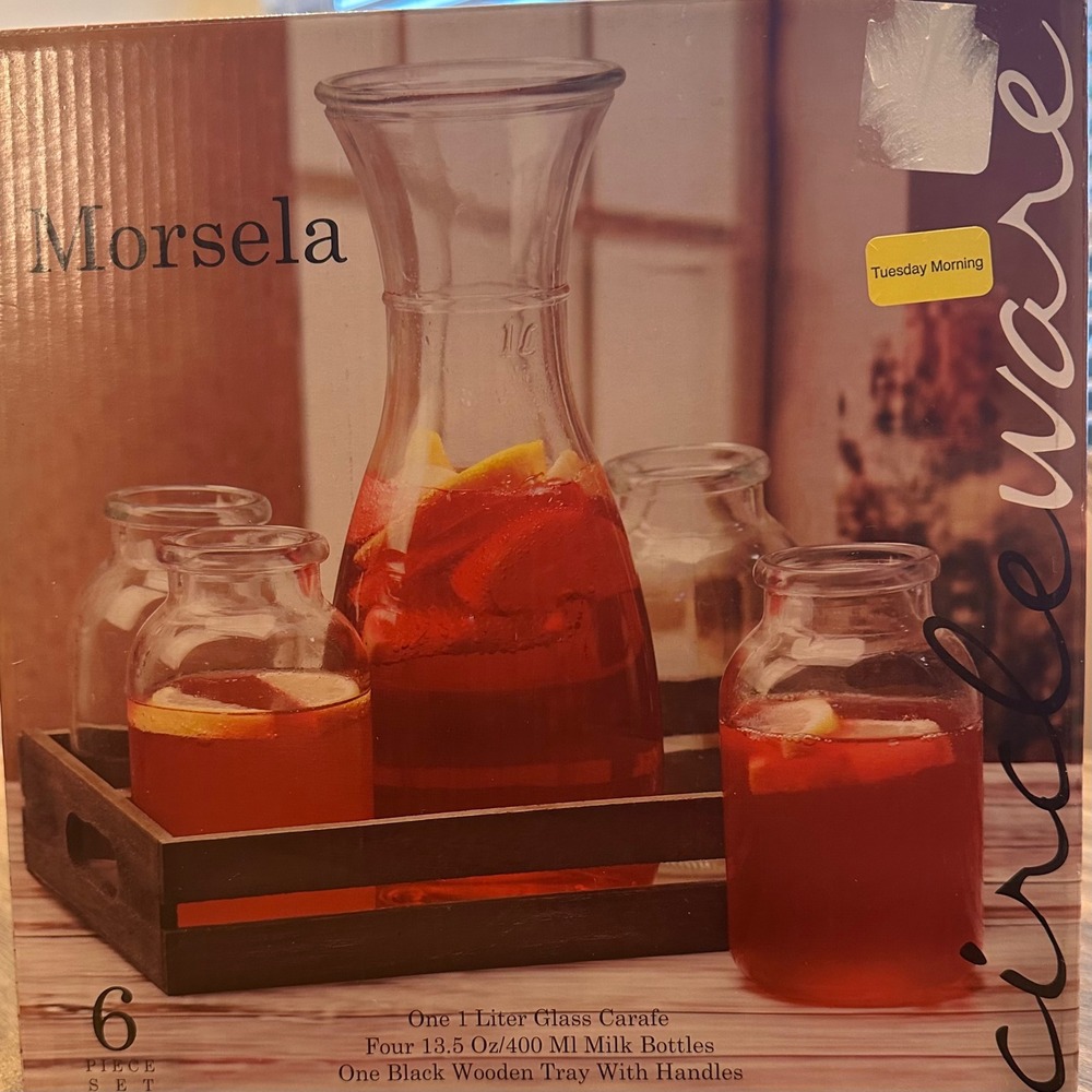 Morsela Glass Carafe Milk Bottles Tray Set 6 Piece Drinkware Beverage Serving‎